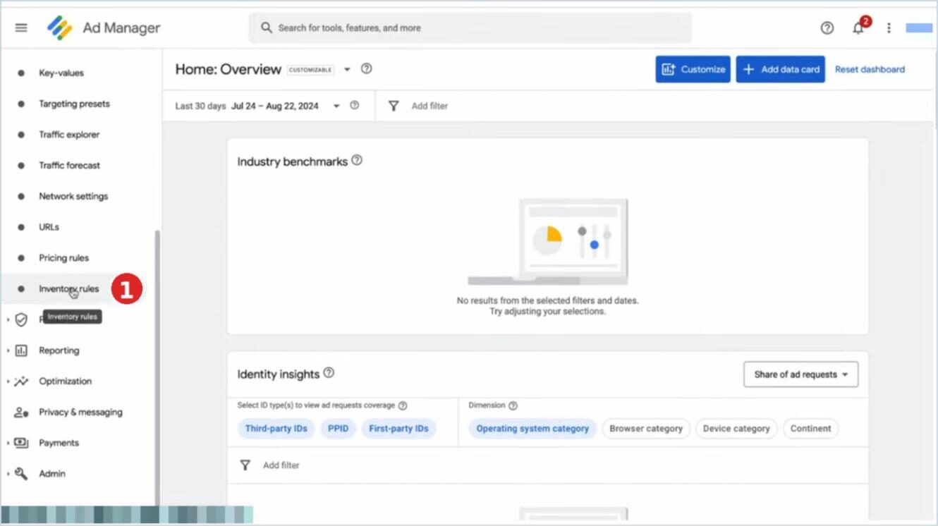 Menú de Google Ad Manager: Inventario, Reglas de inventario