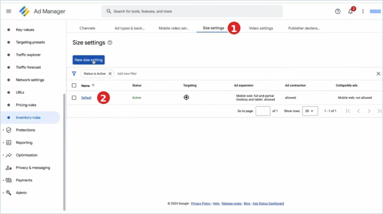 Pestaña Size settings de Google Ad Manager con la regla Default