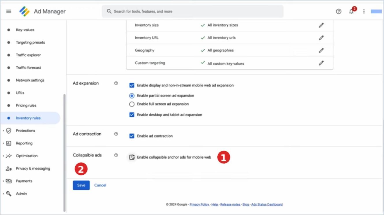 Casilla Enable collapsible anchor ads for mobile web en Google Ad Manager